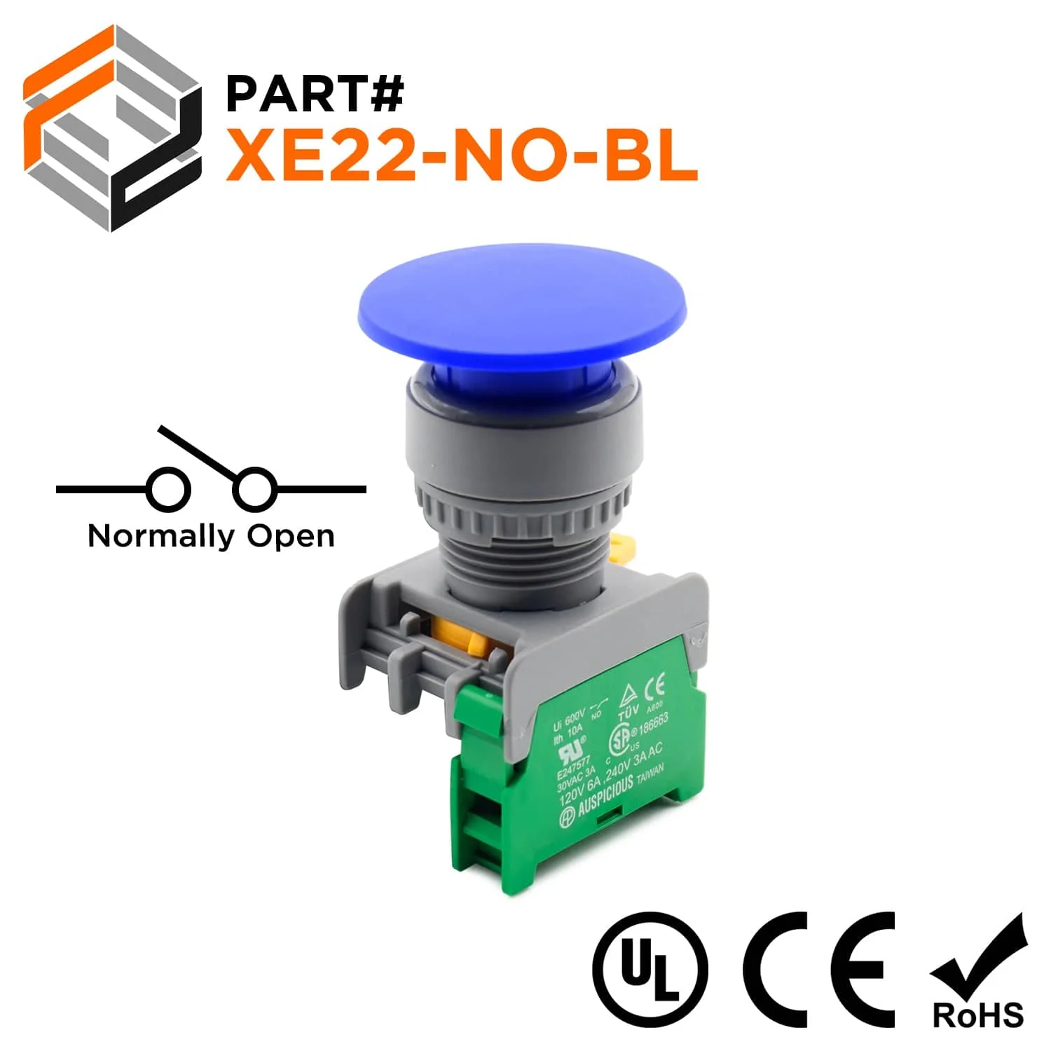 XE22-NO-BL - 40mm Blue Mushroom Head Push Button, (NO), 1 Piece