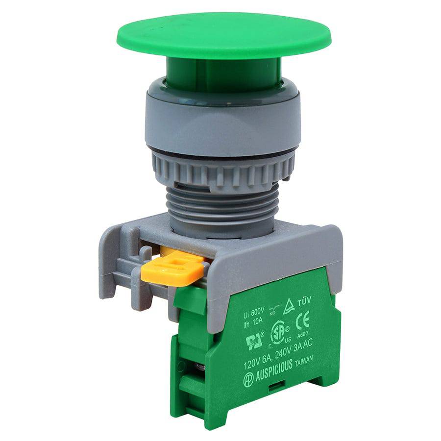 XE22-NO-GN - 40mm Mushroom Head Push Button, Green, (NO), 1 Piece