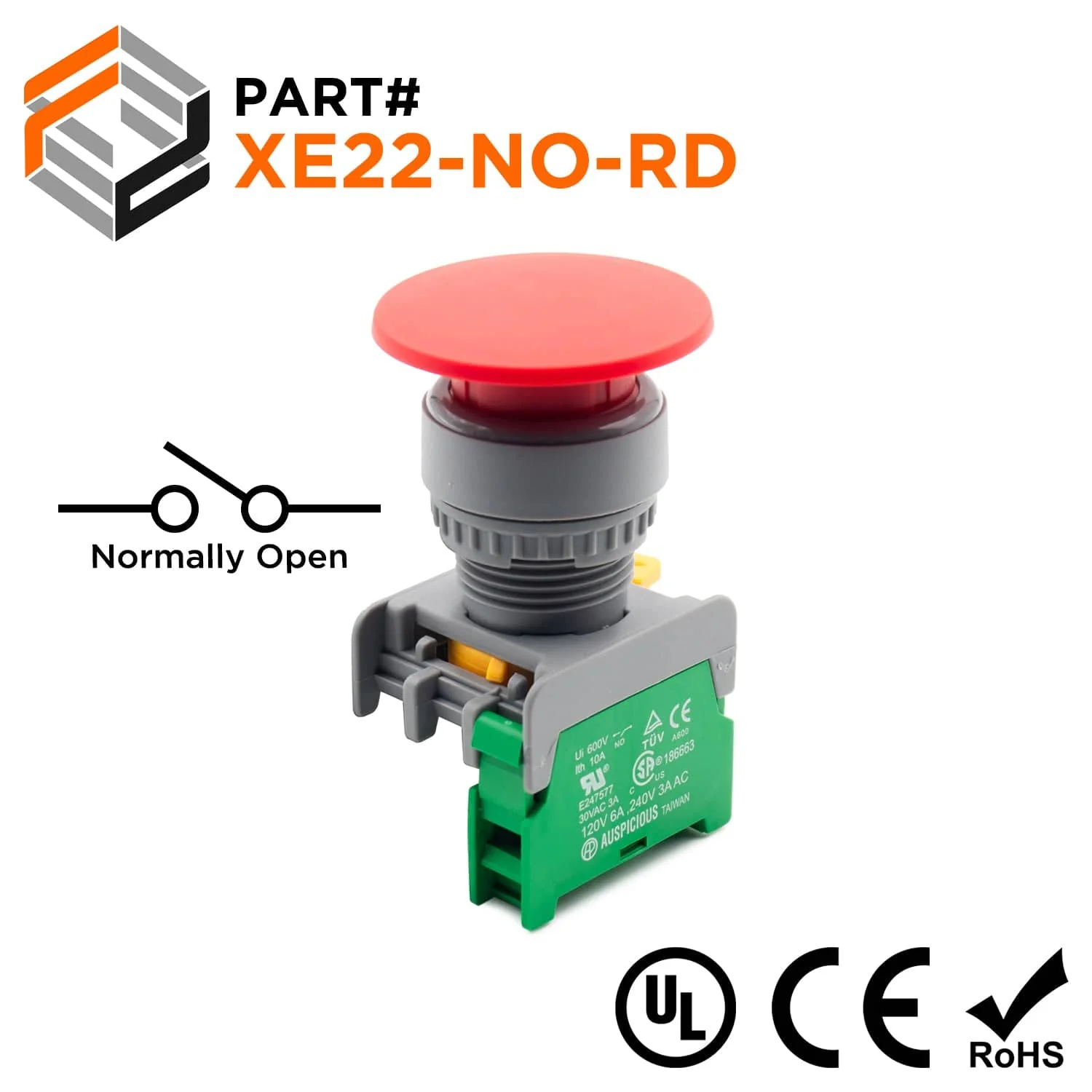 XE22-NO-RD - 40mm Mushroom Head Push Button, Red, (NO), 1 Piece