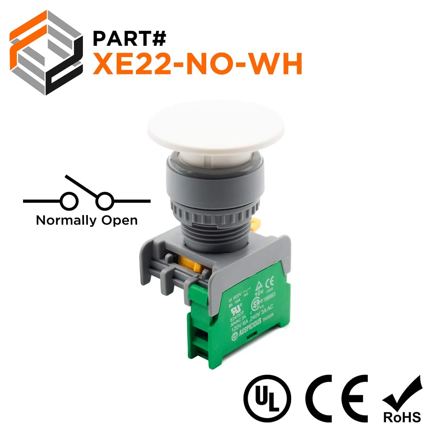 XE22-NO-WH - 40mm White Mushroom Head Push Button, (NO), 1 Piece