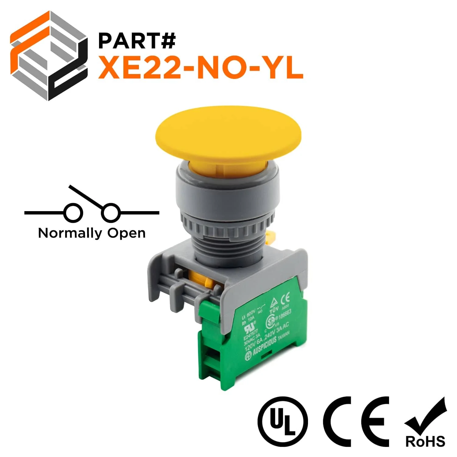 XE22-NO-YL - 40mm Yellow Mushroom Head Push Button, (NO), 1 Piece